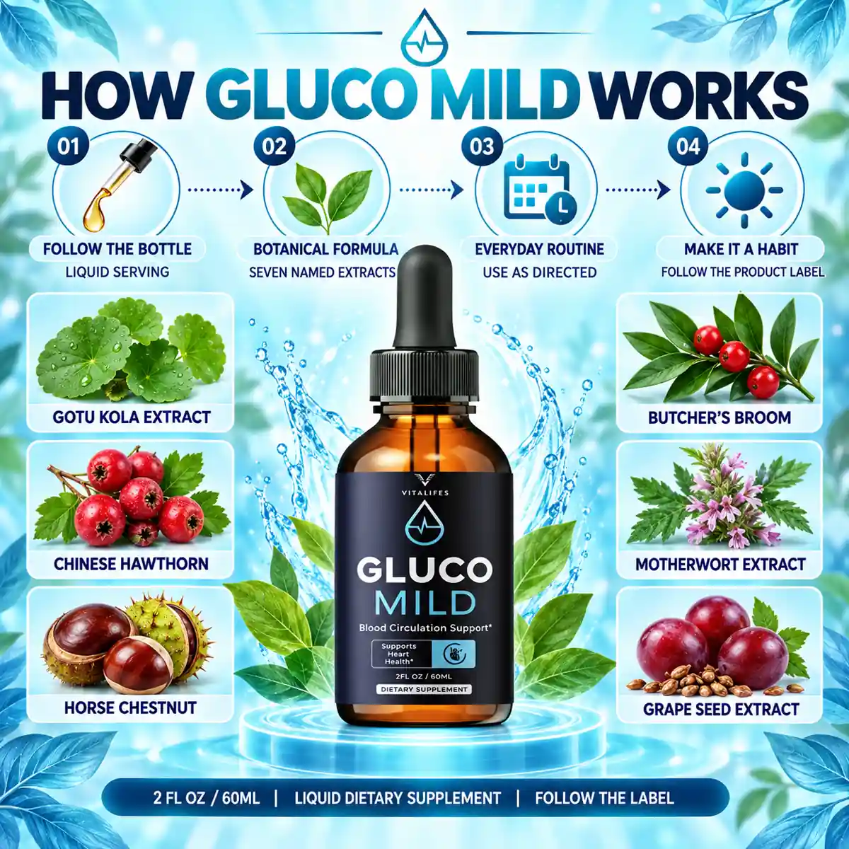 The seller&rsquo;s how-it-works artwork for Gluco Mild, naming the same seven extracts