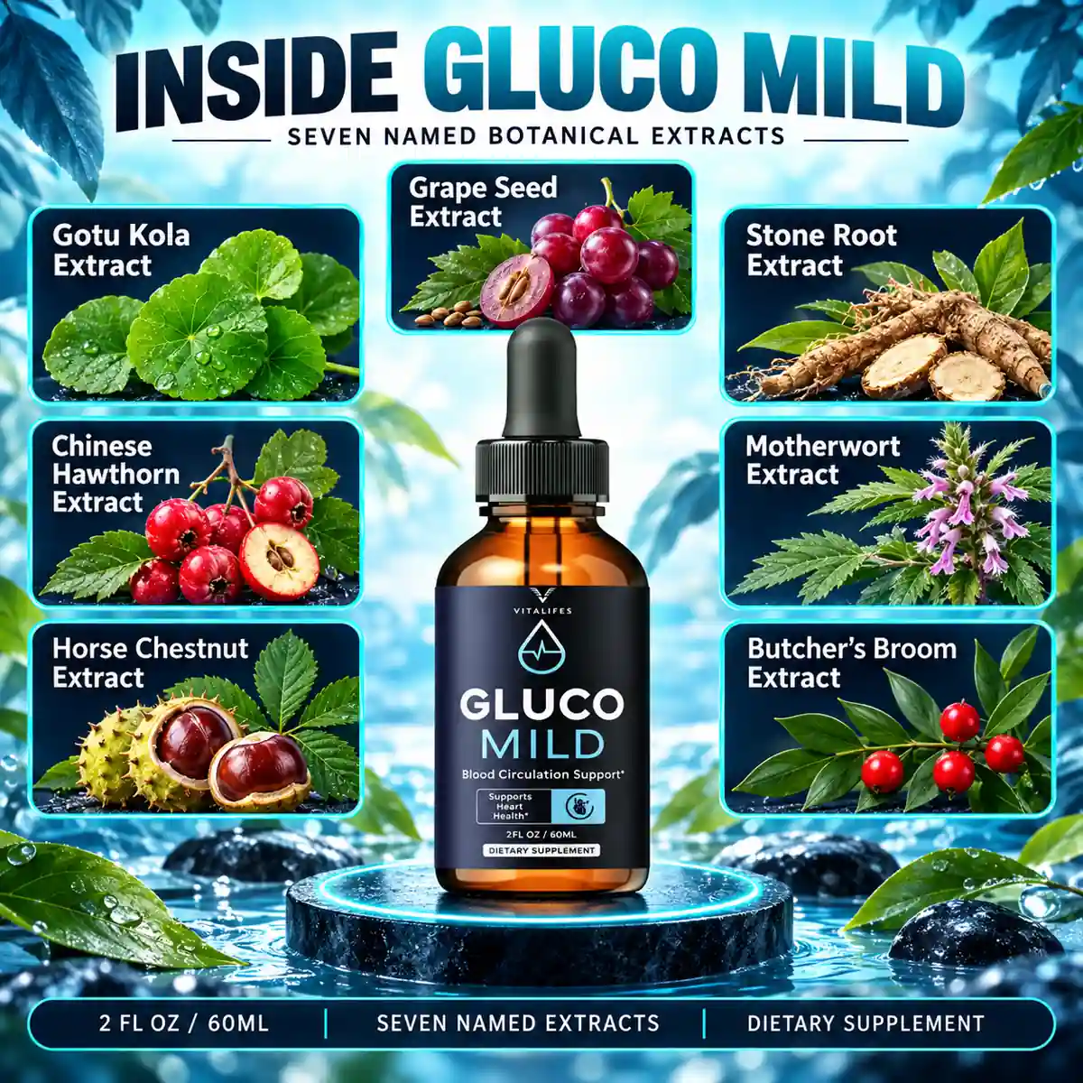 The seller&rsquo;s Inside Gluco Mild artwork naming seven botanical extracts