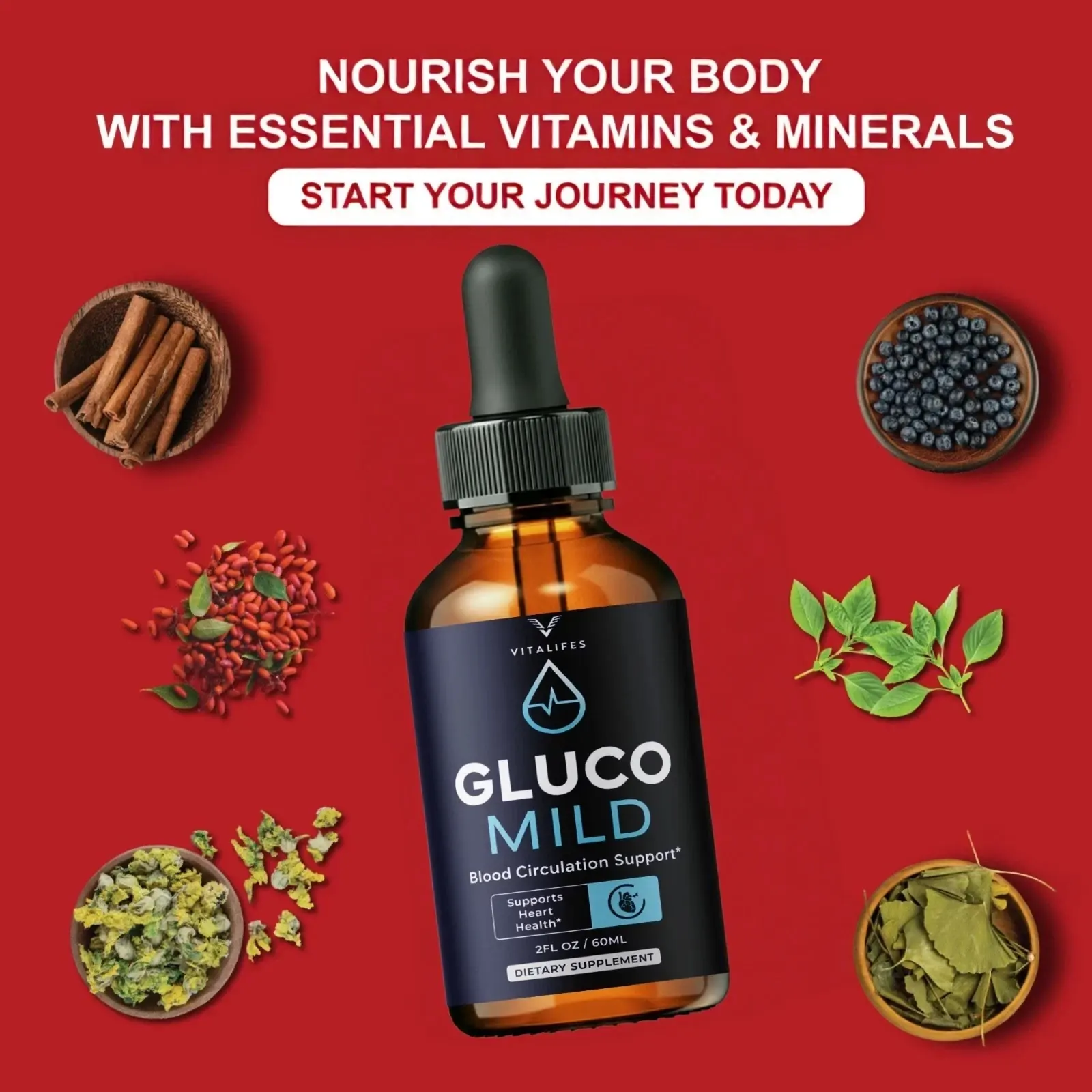 A Gluco Mild marketing panel headed essential vitamins and minerals, showing six botanicals