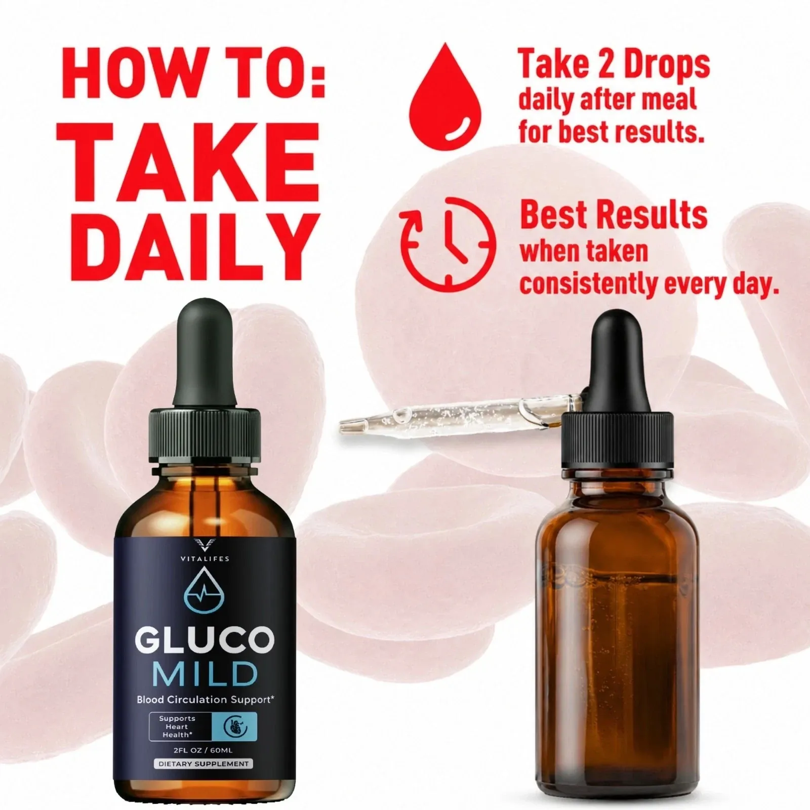 The seller&rsquo;s Gluco Mild dosing artwork, reading take two drops daily after a meal